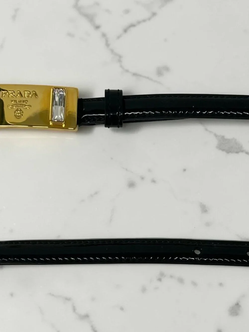 Prada Black Patent Leather Belt with Crystal-Embellished Gold Buckle